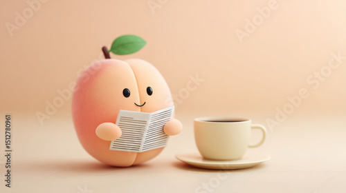 Charming peach character enjoys coffee and newspaper on pastel table