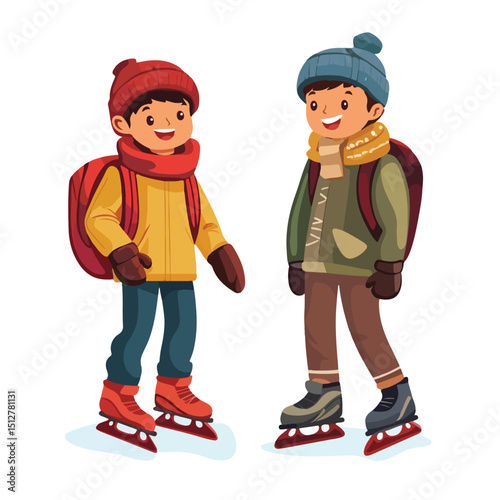 Professional Vector Illustration of Young Boys in Winter Clothes and Skates