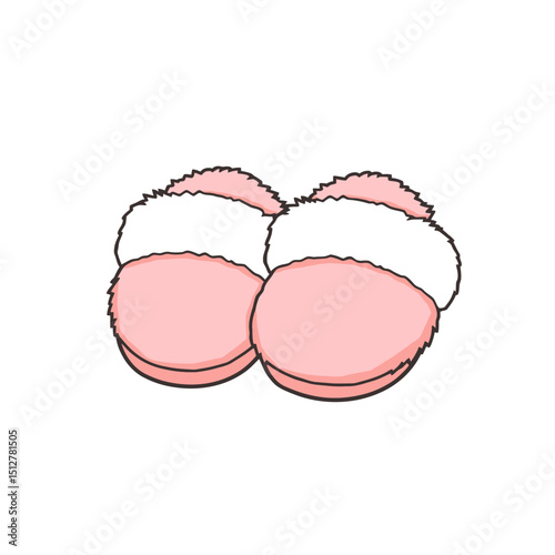 Pink fuzzy slippers with white trim isolated on white background
