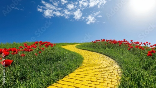 A winding yellow brick road ascends a verdant hill, bordered by vibrant red poppies under a bright, sunny sky