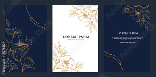 Vector set of flower golden art deco patterns, floral line package labels. Perfume, beauty products, jewelry package, wedding invitations, asian style nature