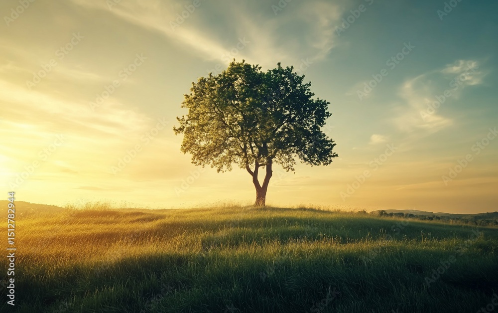 Obraz premium Lone Tree on a Grassy Hill at Sunset
