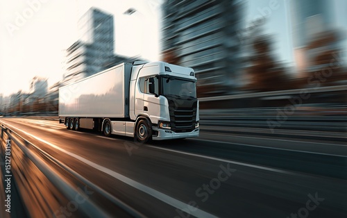 White Freight Truck Driving On City Street