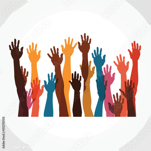 Empowering Human Rights: Diverse Group of Six Hands Up Vector Illustration Isolated on White Background