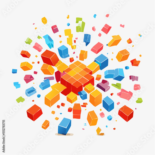 Pixelated squares burst from center in an abstract tech-inspired composition.