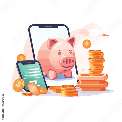 Professional Image of Online Shopping and Payment with Smartphone and Piggy Bank for E-commerce Websites and Finance Blogs