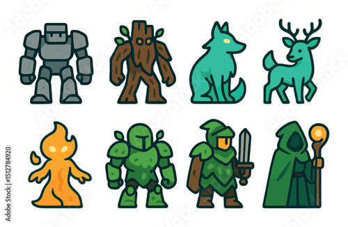 Forest guardians icon set in flat style. nature protectors and mystical creatures