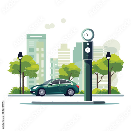 Urban City Street Scene with Parked Pickup Truck, Parking Meter, and Buildings in Background