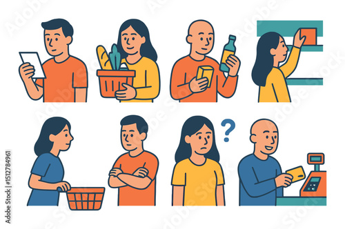 Grocery shopping flat icon set. supermarket and food purchase symbols