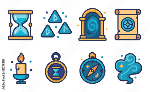 Magical time icon set: flat style mystical hourglass, portal, and scroll symbols