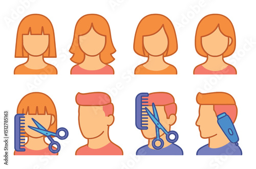 Haircut technique silhouette icon set. styling and grooming symbols