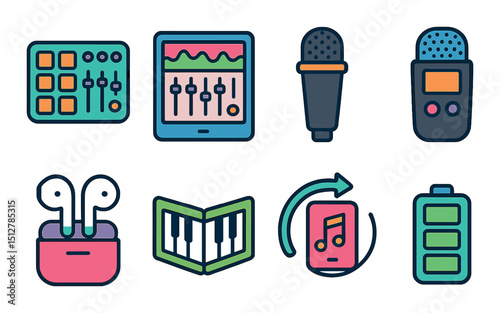 Mobile music icon set in flat style. audio, sound, and melody symbols for digital interfaces