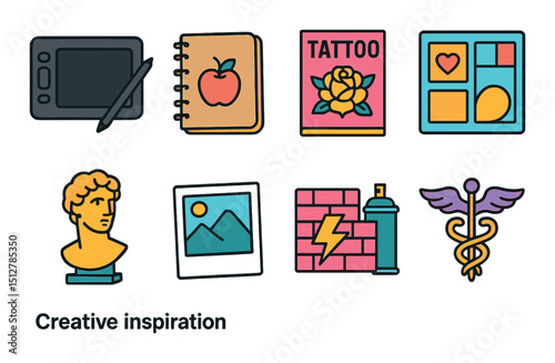 Creative inspiration flat icon set. design and art symbols for projects