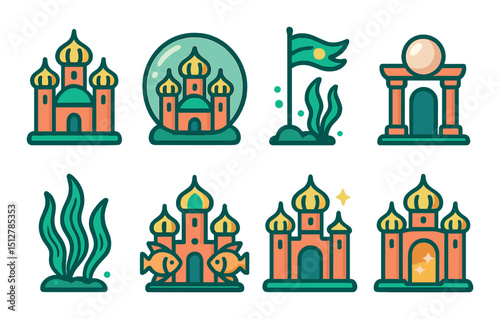 Underwater palace flat icon set. submarine architecture and aquatic symbols