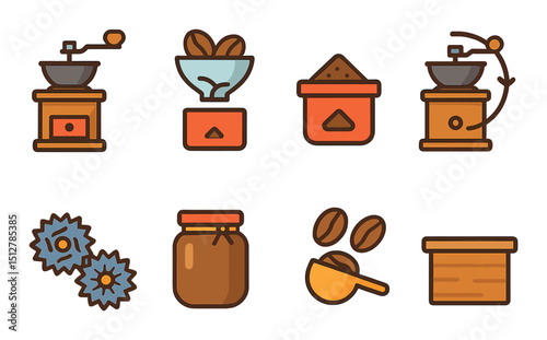 Coffee grinding flat icon set. brewing and espresso tools collection