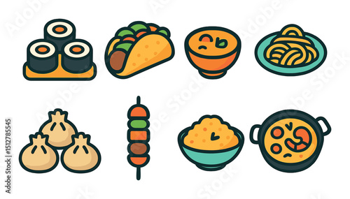 International dinner icon set, flat style. cuisine, food, culinary symbols