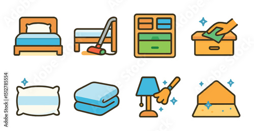 Bedroom refresh icon set in flat style. cleaning, decor, and home organization symbols