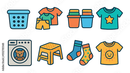 Kids laundry icon set in flat style. child clothing, washing, and garment symbols