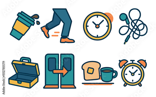 Morning commute icon set: flat style for rushed travel, transit, and coffee lovers