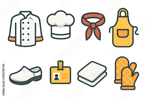 Chef attire flat icon set. culinary clothing symbols for kitchen and cooking styles