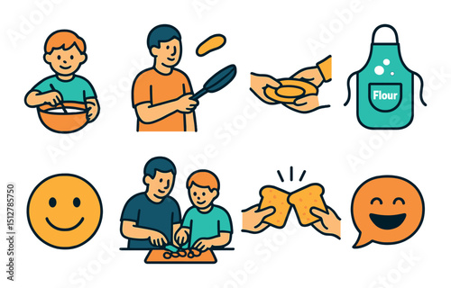 Family cooking flat icon set. culinary, kitchen, and gastronomy symbols