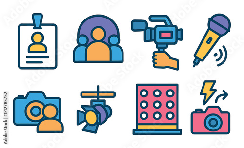 Event coverage flat icon set. broadcasting, media, journalism graphics