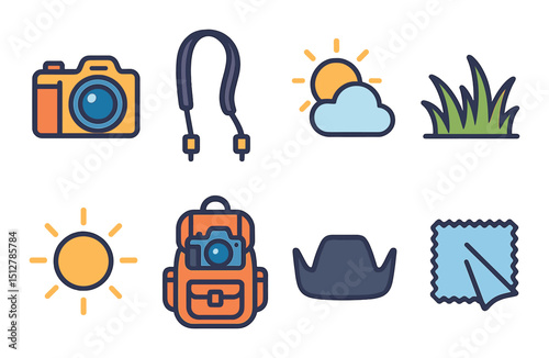Outdoor photography flat icon set. nature and camera equipment symbols