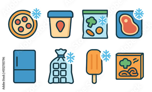 Frozen goods icon set in flat style. cold storage and food preservation symbols