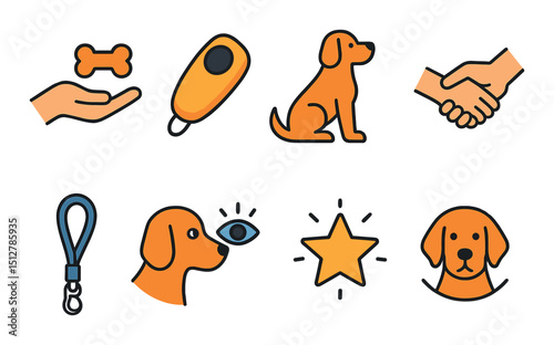 Dog training icon set: flat style symbols for pet, obedience, and puppy education