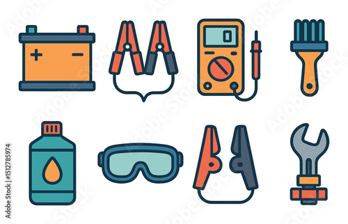 Battery maintenance flat icon set. energy and power preservation symbols
