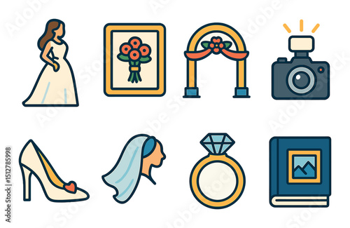 Wedding flat icon set for ceremonies. marriage, bridal, and celebration symbols