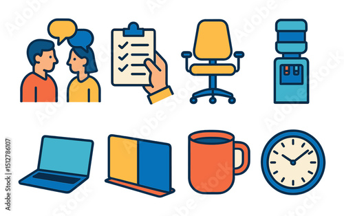 Office icon set in flat style. workplace, business tools, and communication symbols