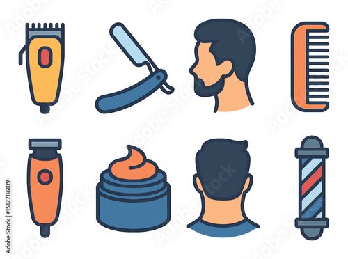 Barbershop flat icon set: modern grooming, hairstyling, and salon symbols