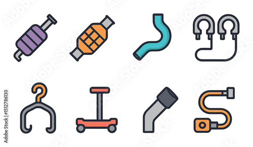 Exhaust system icon set in flat style. auto parts and vehicle components graphics
