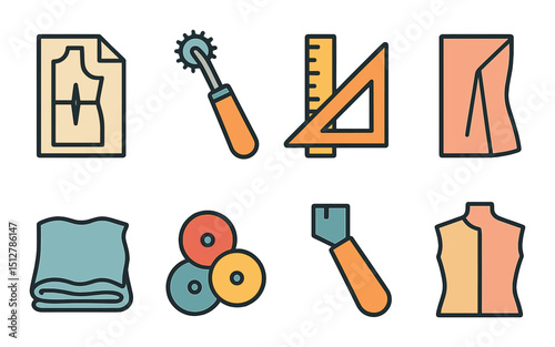 Sewing tools flat icon set. tailoring and crafting symbols for creative projects