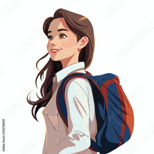 Cheerful School Girl Profile Vector with Backpack - Educational Stock Illustration