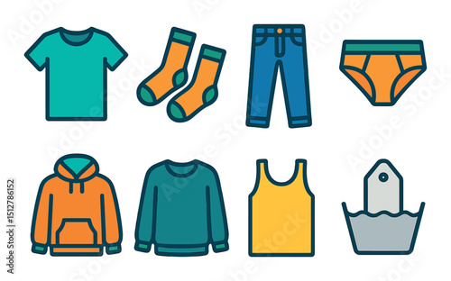 Clothing icon set in flat style. apparel, wardrobe, and fashion symbols