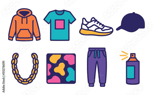 Streetwear flat icon set: urban fashion and casual style symbols collection