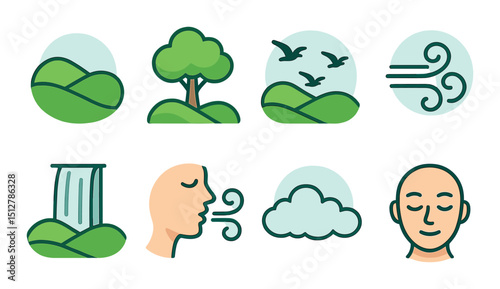 Vibrant nature icon set in flat style. environment and outdoors symbols