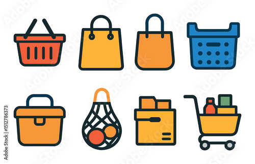 Shopping and retail flat icon set. simple and colorful market and purchase symbols
