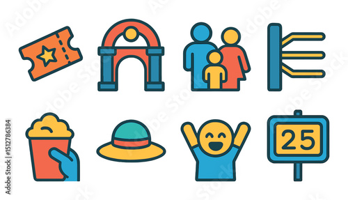 Theme park flat icon set: amusement, entertainment, leisure symbols