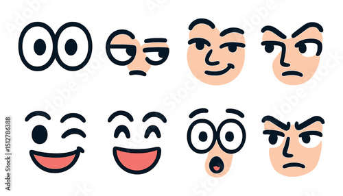 Comedic expression icon set in flat style. funny, humorous face symbols
