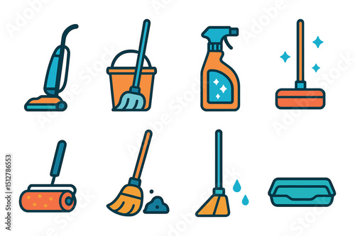 Floor care flat icon set. cleaning, maintenance, and sanitation symbols