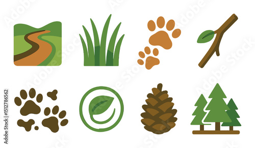 Nature trail flat icon set. hiking, outdoor adventure, and exploration symbols