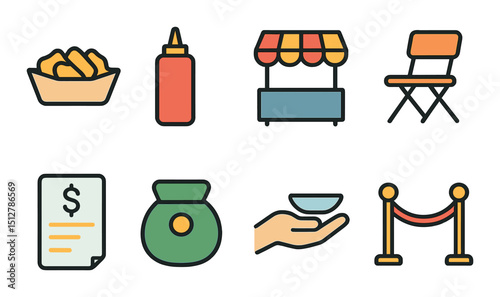 Food stall flat icon set. market, vendor, and street food symbols
