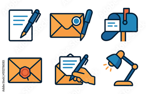 Letter writing flat icon set. modern mail and communication symbols