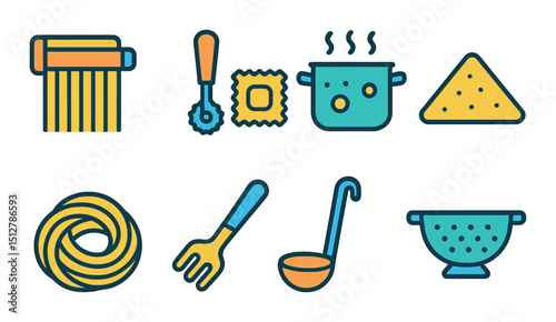 Pasta cooking flat icon set. culinary and kitchen utensil symbols for recipes