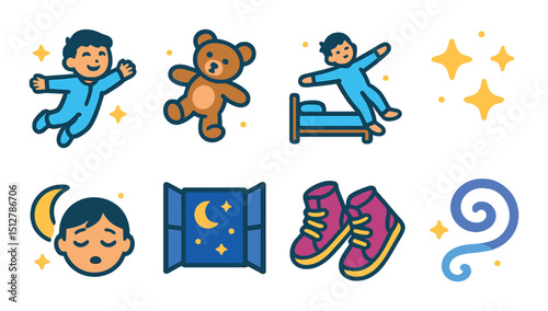 Childhood dream flat icon set. nighttime, imagination, and bedtime symbols