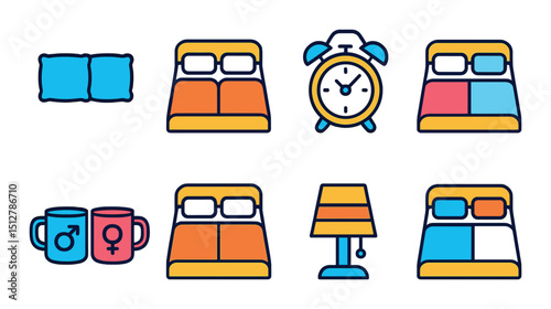 Modern bed and furniture flat icon set. bedroom and sleep decor symbols