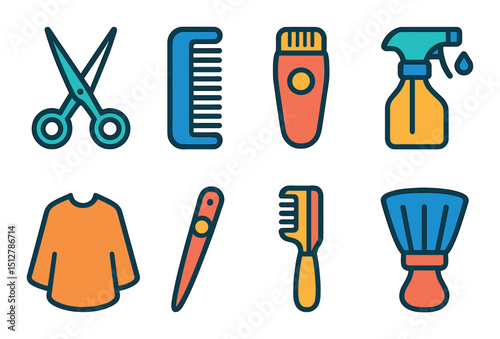 Haircut tools flat icon set. barber and grooming essentials collection